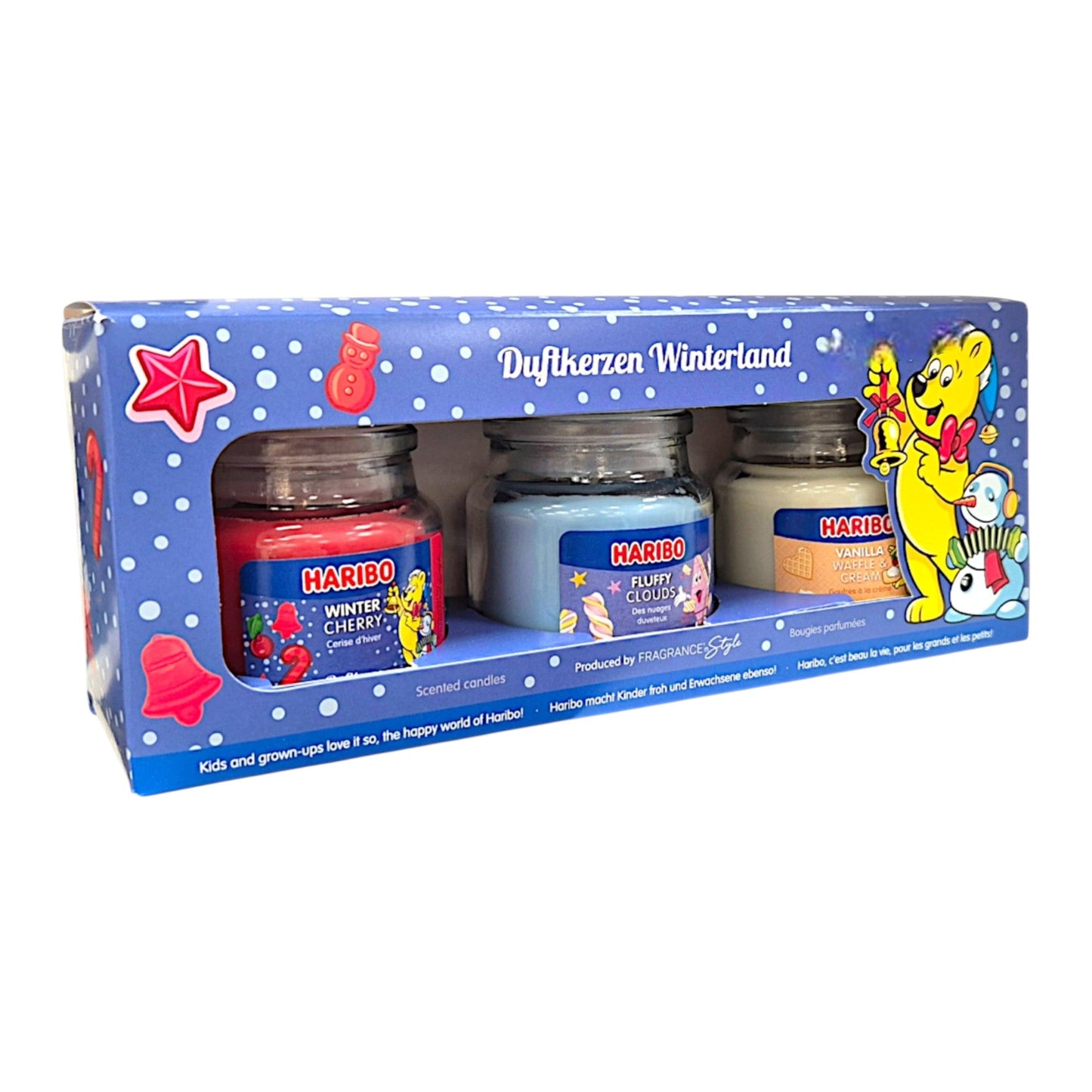 Haribo Duftkerze 3er Set Winterland - Winter Cherry, Fluffy Clouds, Vanilla Waffle Cream