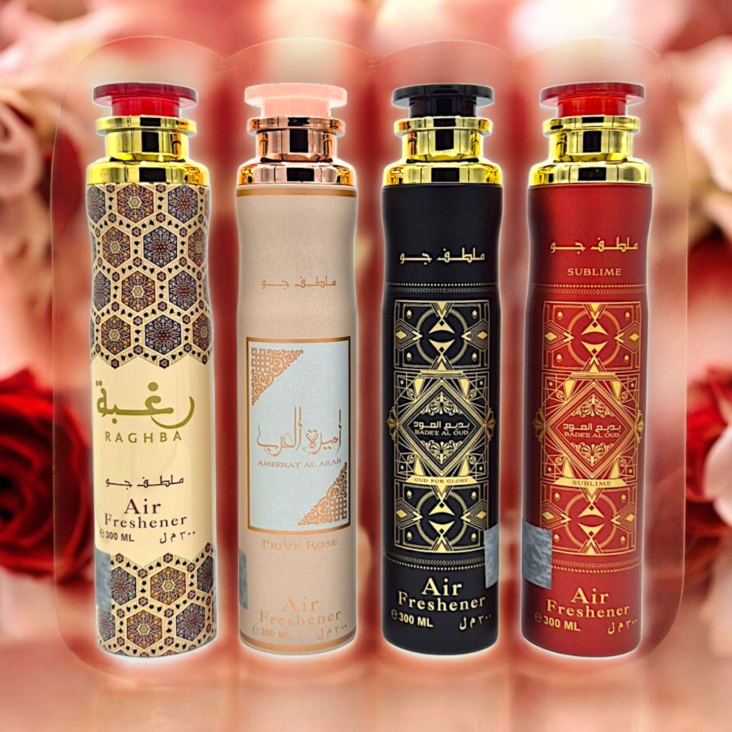 Lattafa Raumduft Set Lufterfrischer Badee Al Oud Glory, Sublime, Raghba, Ameerat Al Arab, Prive Rose  4x300ml=1200ml