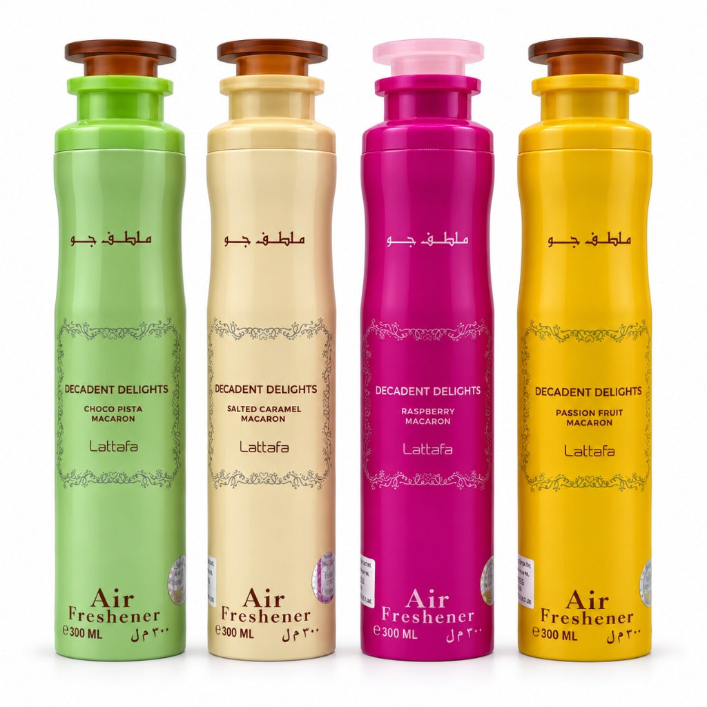 Lattafa Macaron Raumspray Set 4x300 ml – Gourmand Air Freshener Choco Pista, Raspberry, Passion Fruit, Salted Caramel