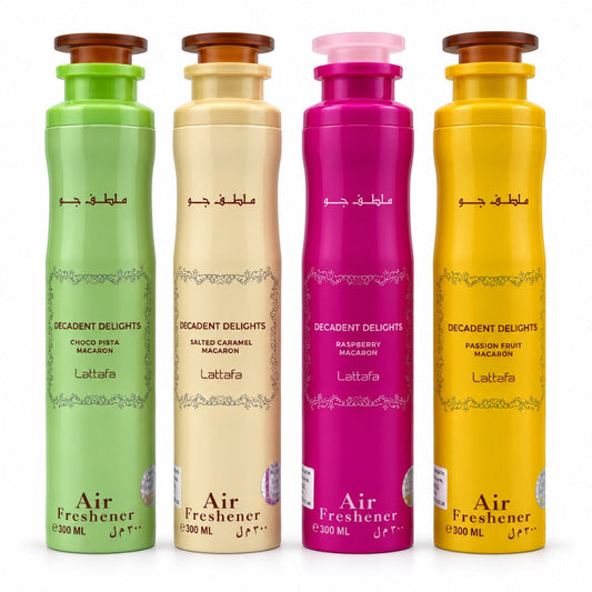 Lattafa Macaron Raumspray Set 4x300 ml – Gourmand Air Freshener Choco Pista, Raspberry, Passion Fruit, Salted Caramel
